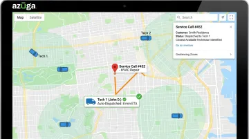 Azuga dispatch interface assigning nearest technician using geofencing tools