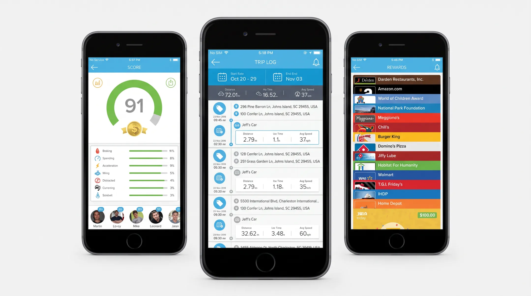 Azuga FleetMobile app dashboard showing driver alerts and trip logs
