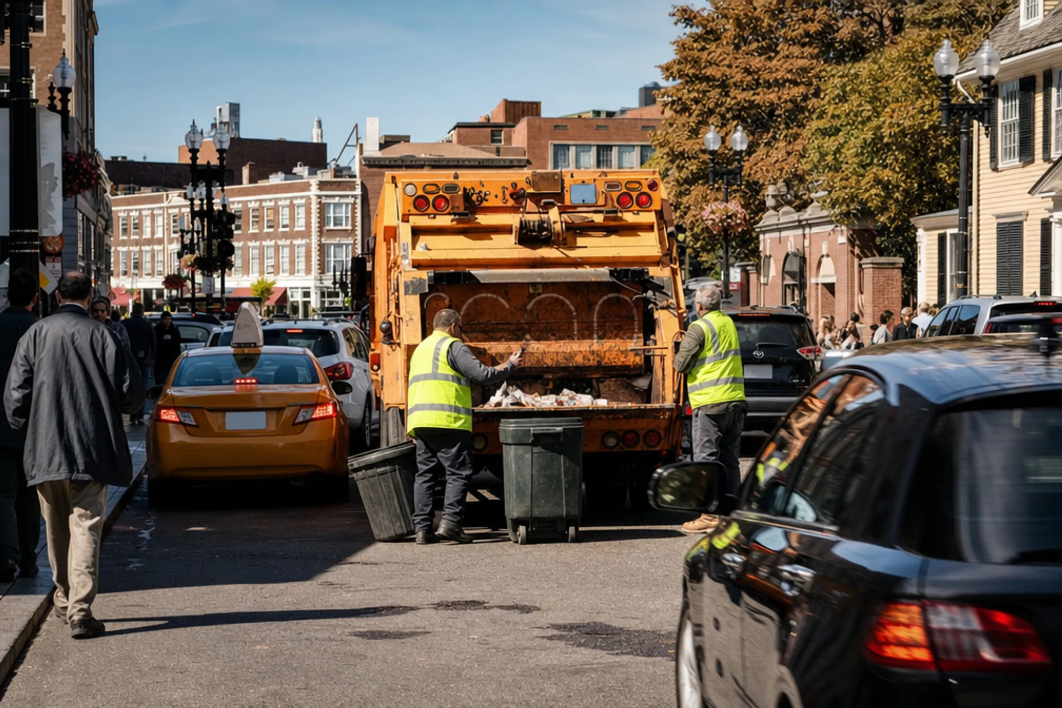 Garbage truck driver navigating busy urban street with traffic hazards