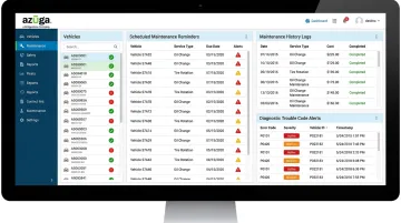 Azuga fleet management dashboard displaying maintenance alerts and diagnostic reporting