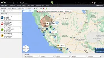 Azuga asset tracking dashboard showing real-time GPS positioning and geofencing alerts