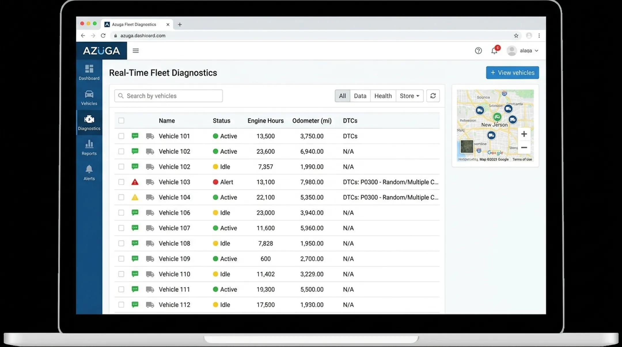 Azuga telematics dashboard displaying live vehicle diagnostic and engine health data