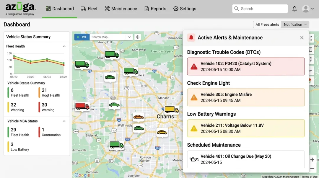 Azuga fleet management dashboard displaying diagnostic trouble codes and alerts