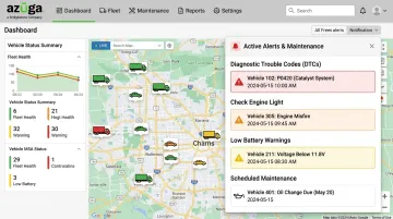 Azuga fleet management dashboard displaying diagnostic trouble codes and alerts