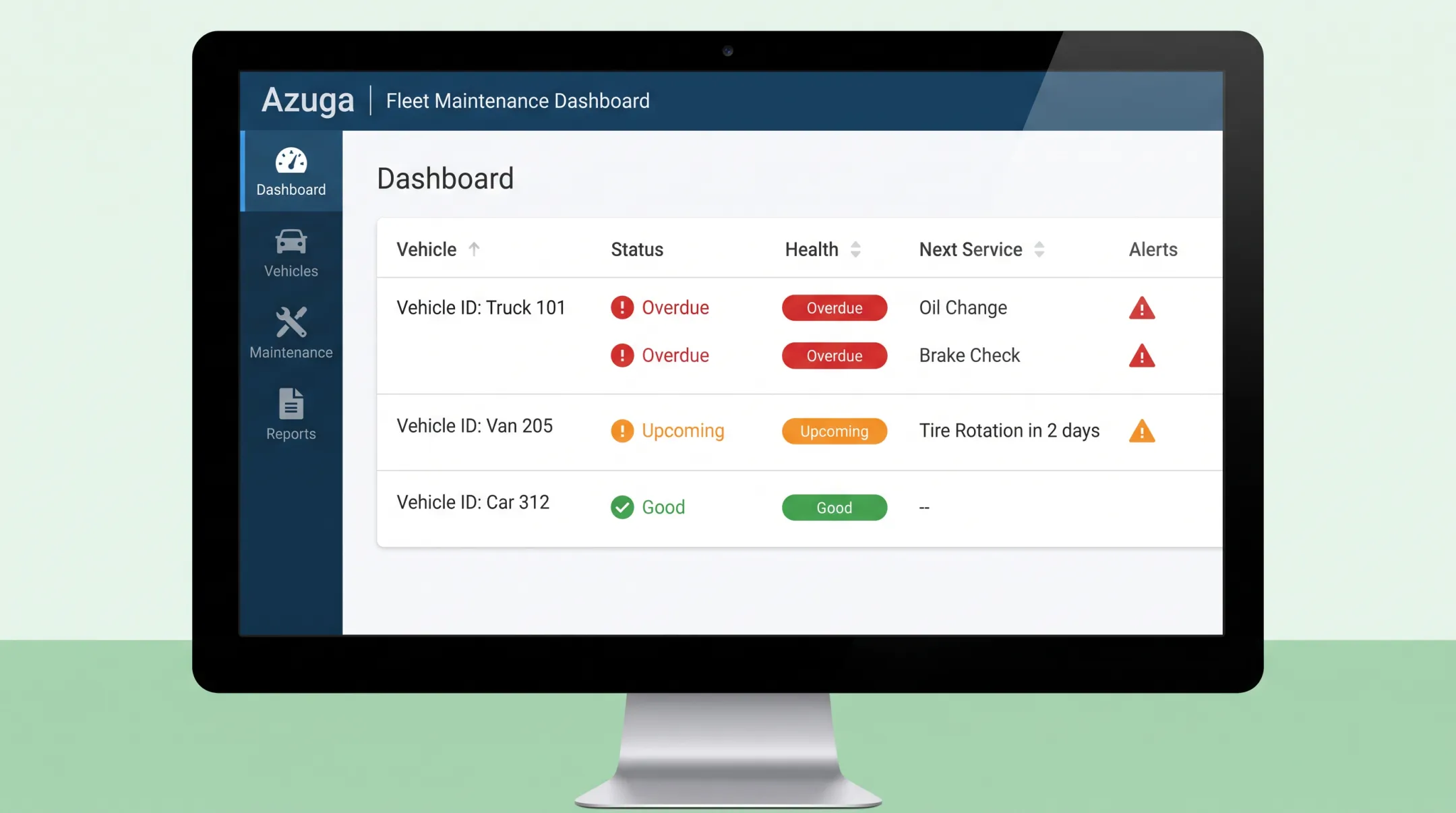 Azuga fleet maintenance dashboard showing vehicle service alerts and status