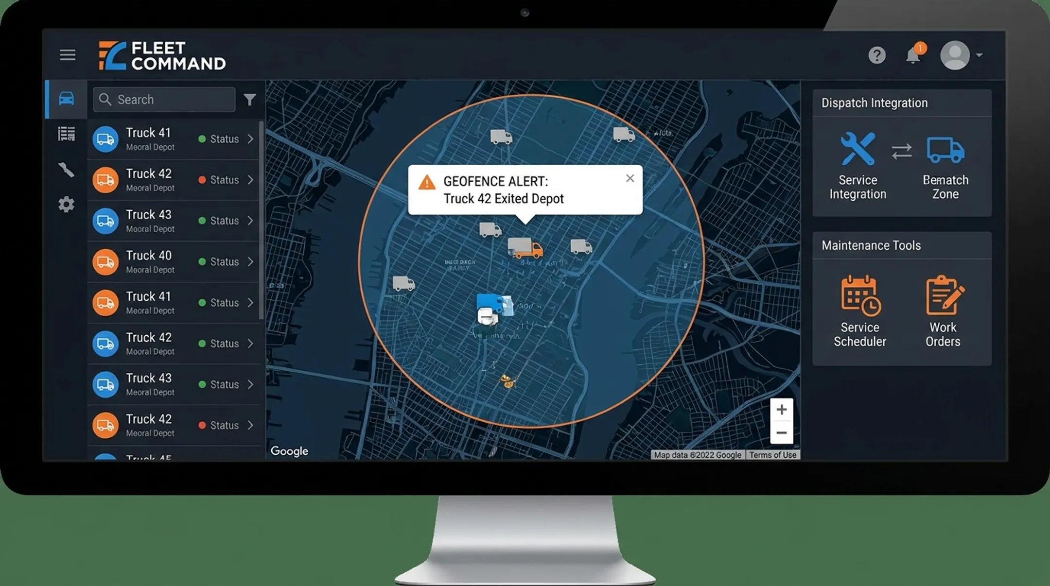 Fleet tracking dashboard showing real-time vehicle location and alerts