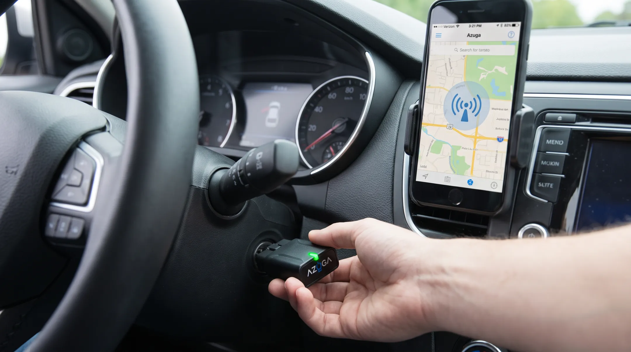 Azuga OBD-II telematics device installed in vehicle dashboard port