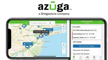 Azuga FleetMobile app interface showing live GPS tracking and vehicle diagnostics