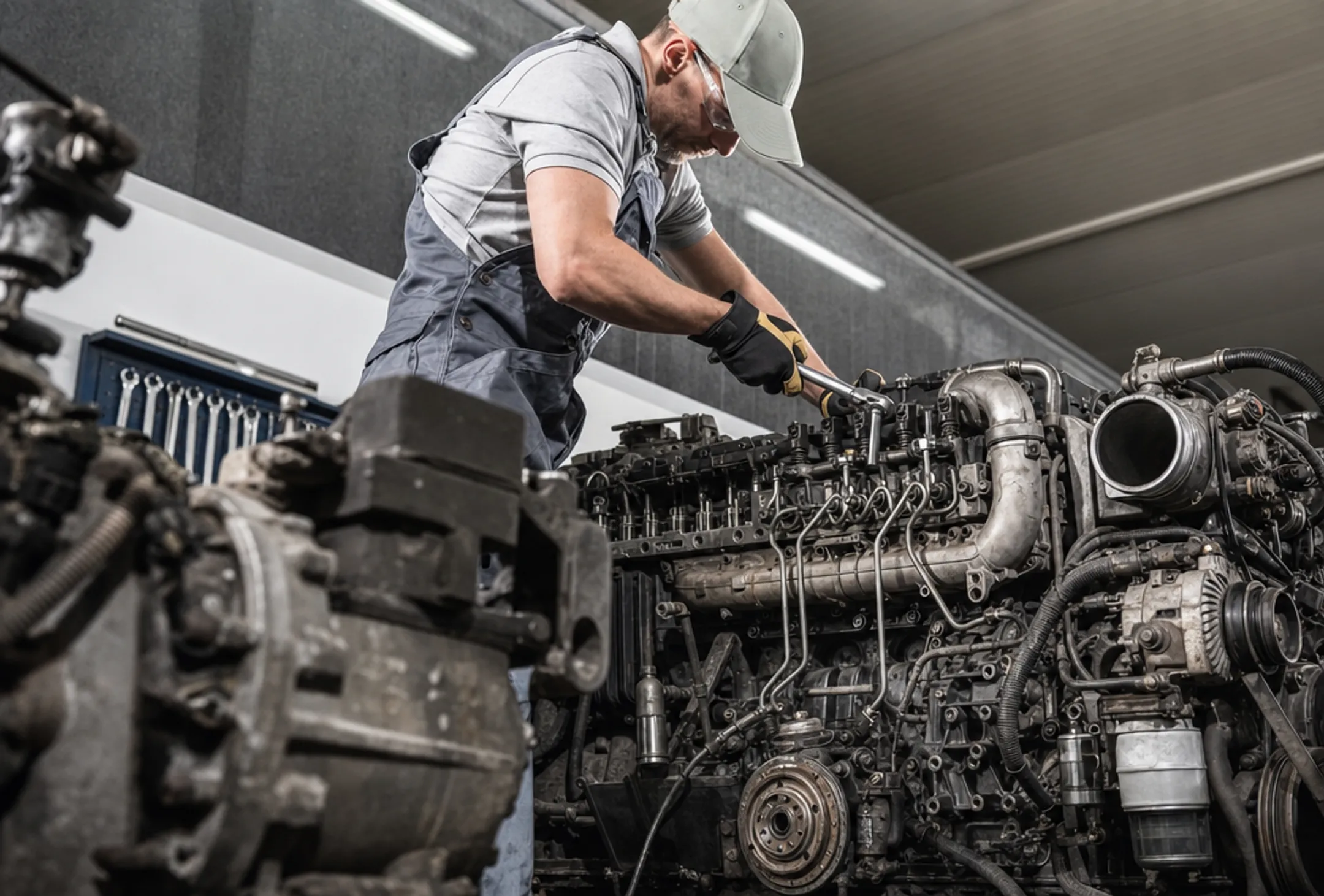Diesel mechanic performing engine overhaul in truck repair shop
