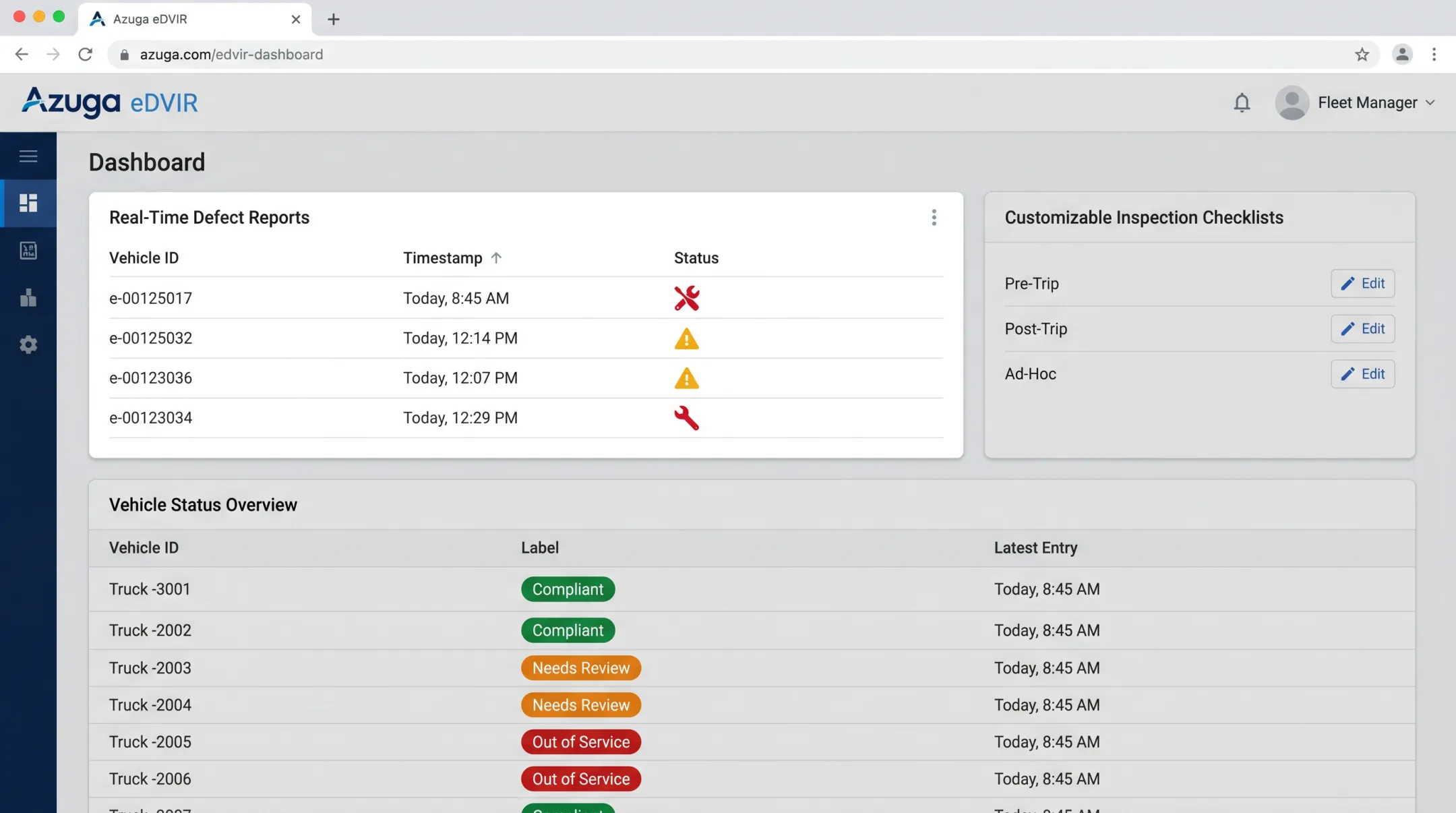 Azuga eDVIR dashboard interface showing driver defect reports in real time