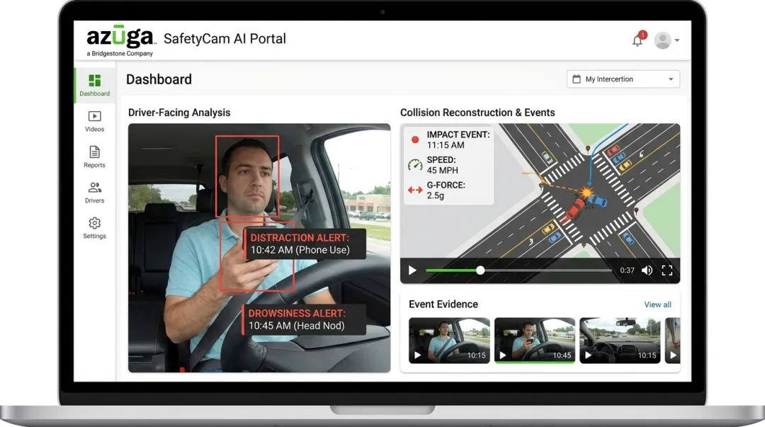 Azuga SafetyCam AI dashcam interface displaying driver behavior and collision analysis