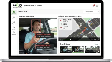 Azuga SafetyCam AI dashcam interface displaying driver behavior and collision analysis