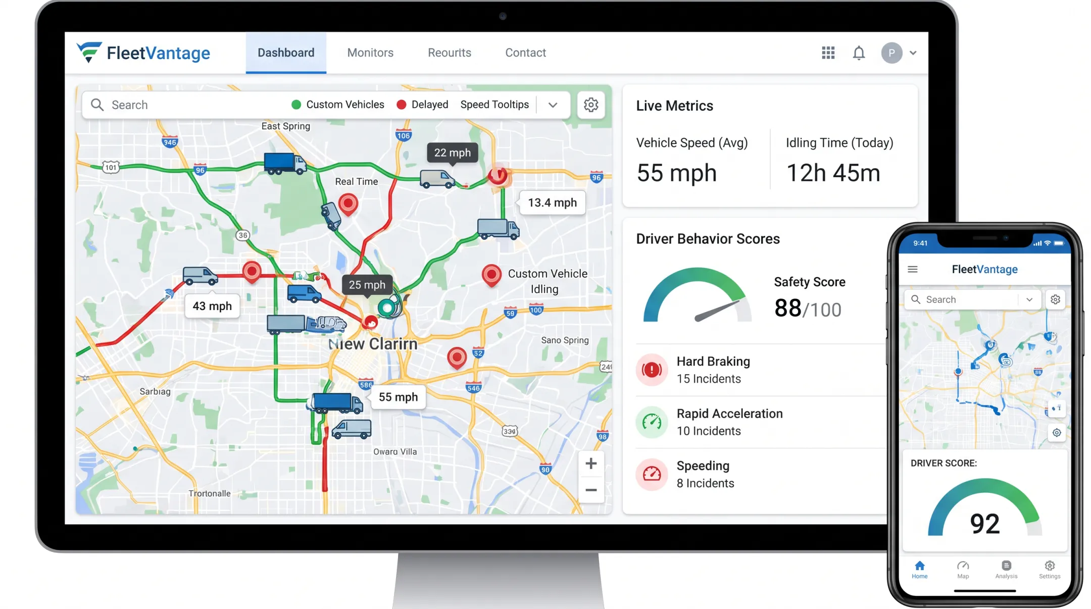 Fleet tracking dashboard displaying live vehicle map and driver behavior data