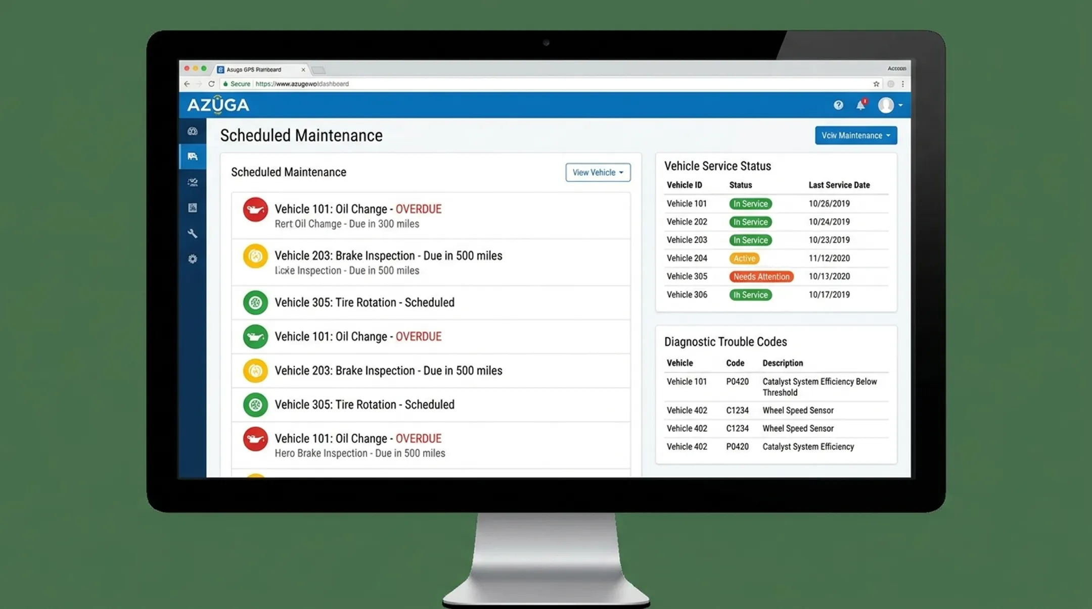 Azuga fleet tracking dashboard showing maintenance alerts and vehicle diagnostics
