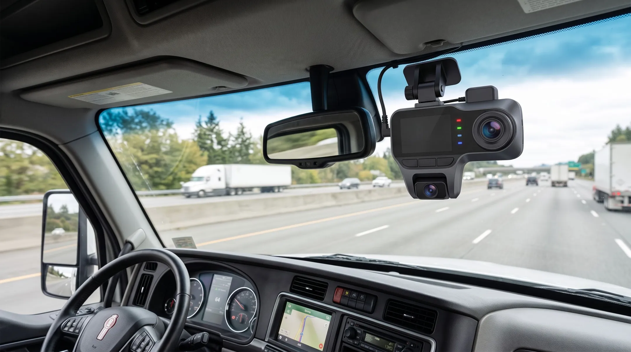 Dual-facing dashcam mounted on vehicle windshield capturing road and driver view
