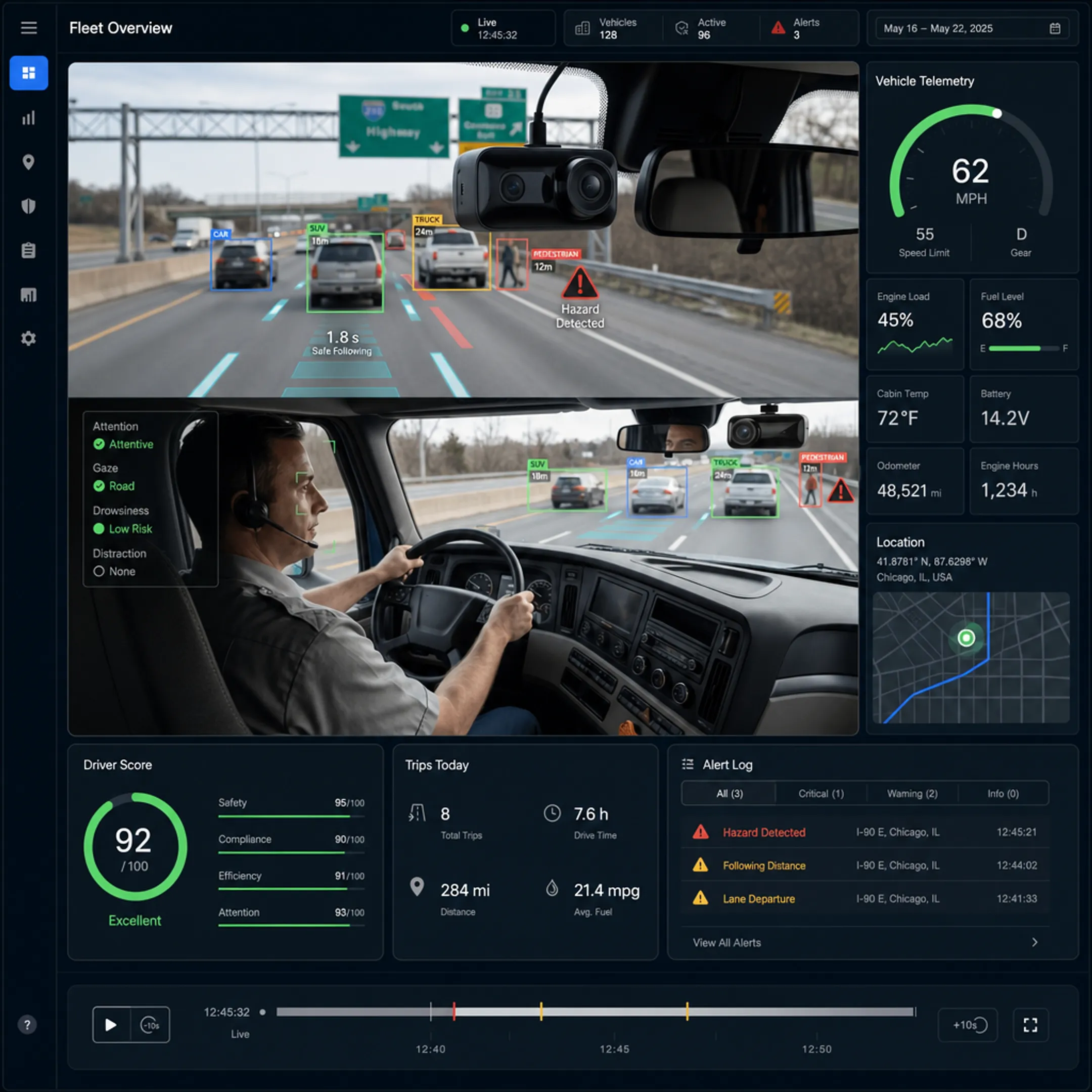 Fleet dashboard displaying AI dashcam collision reconstruction footage interface