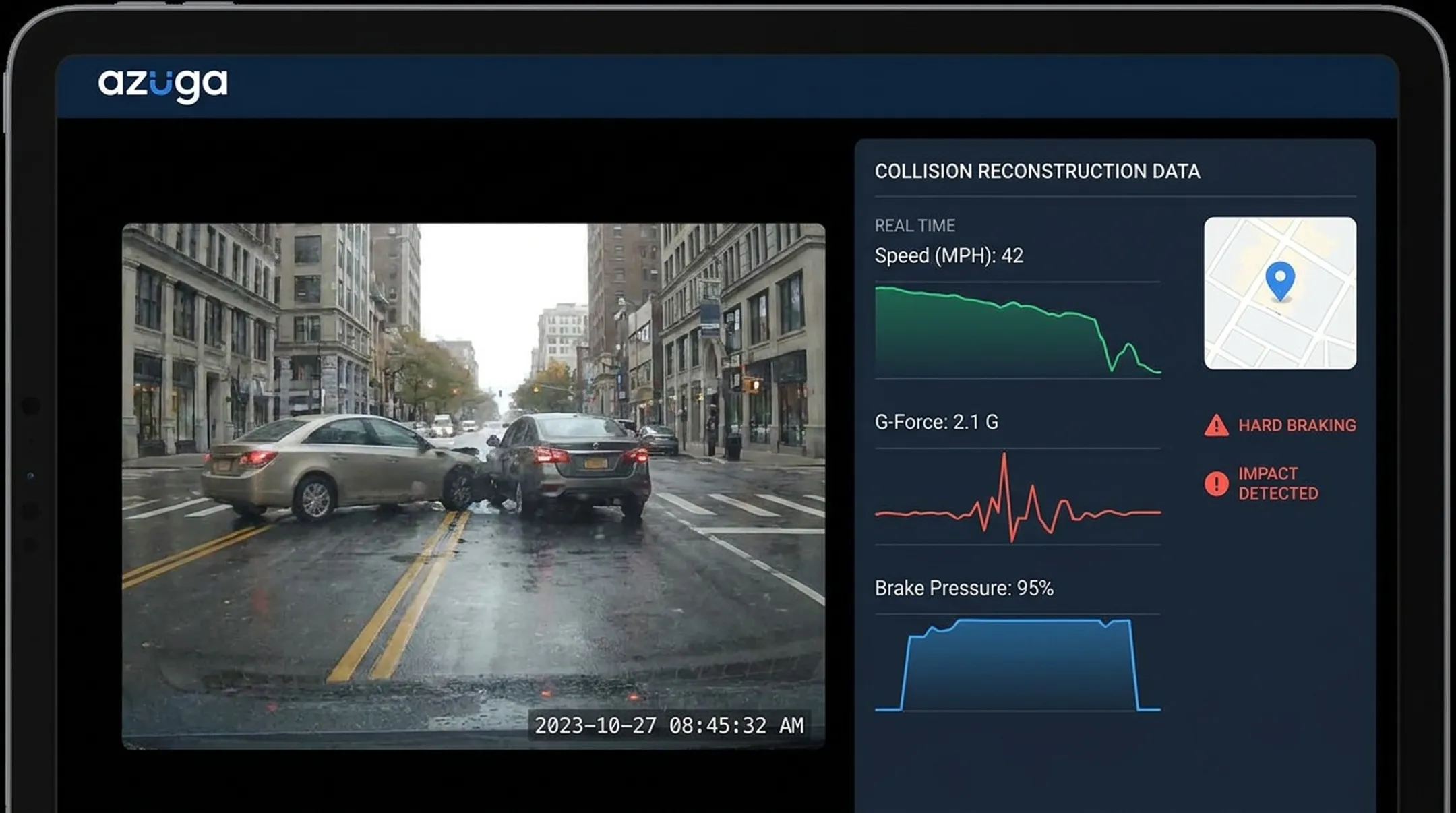 Azuga SafetyCam AI dashboard showing collision reconstruction footage and metrics