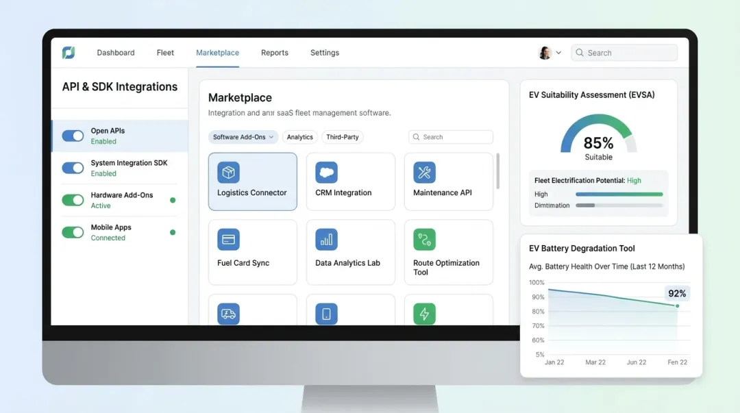 Open API telematics dashboard displaying third-party integrations marketplace ecosystem