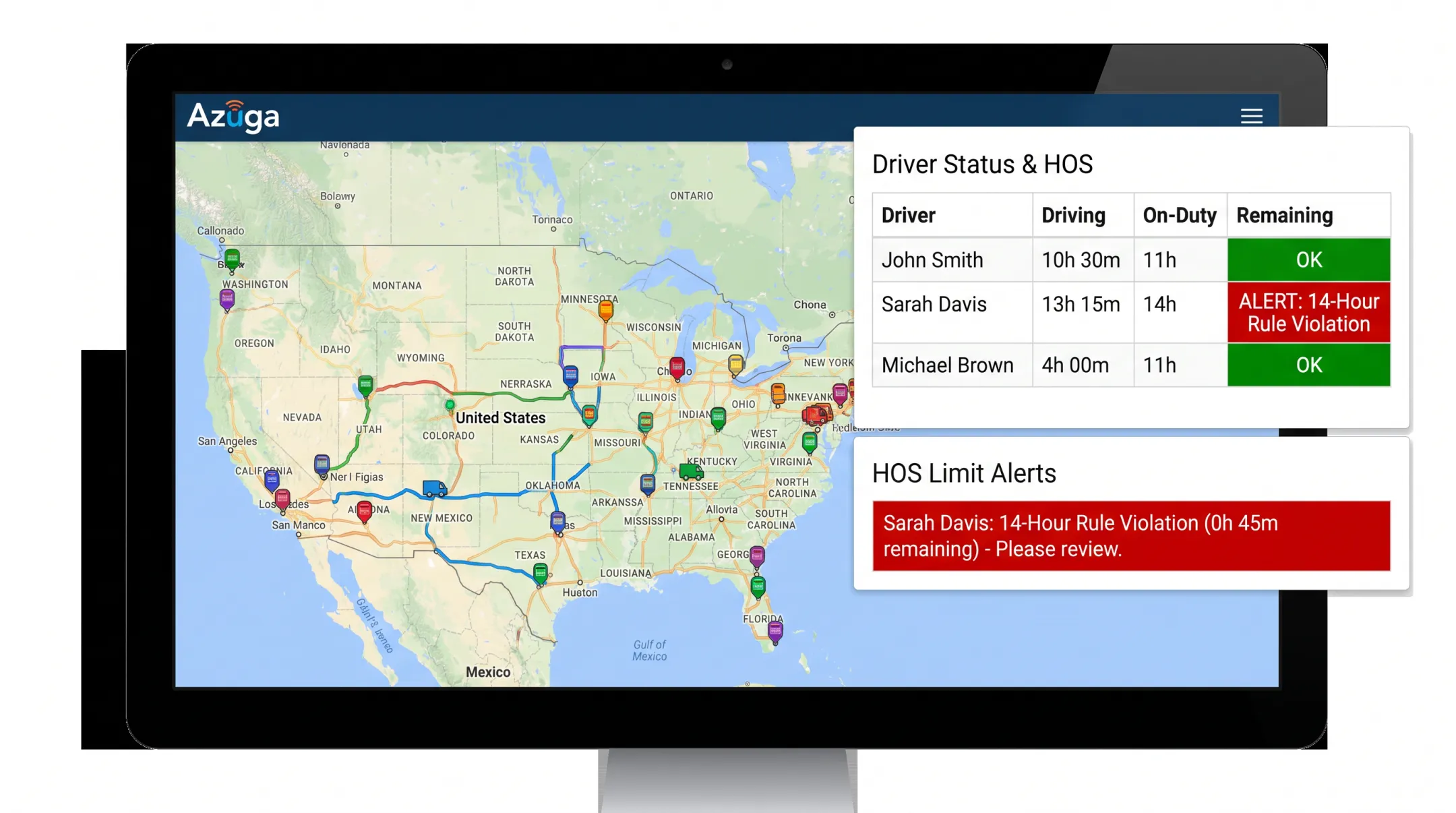 Azuga GPS fleet tracking dashboard showing driver hours and alerts
