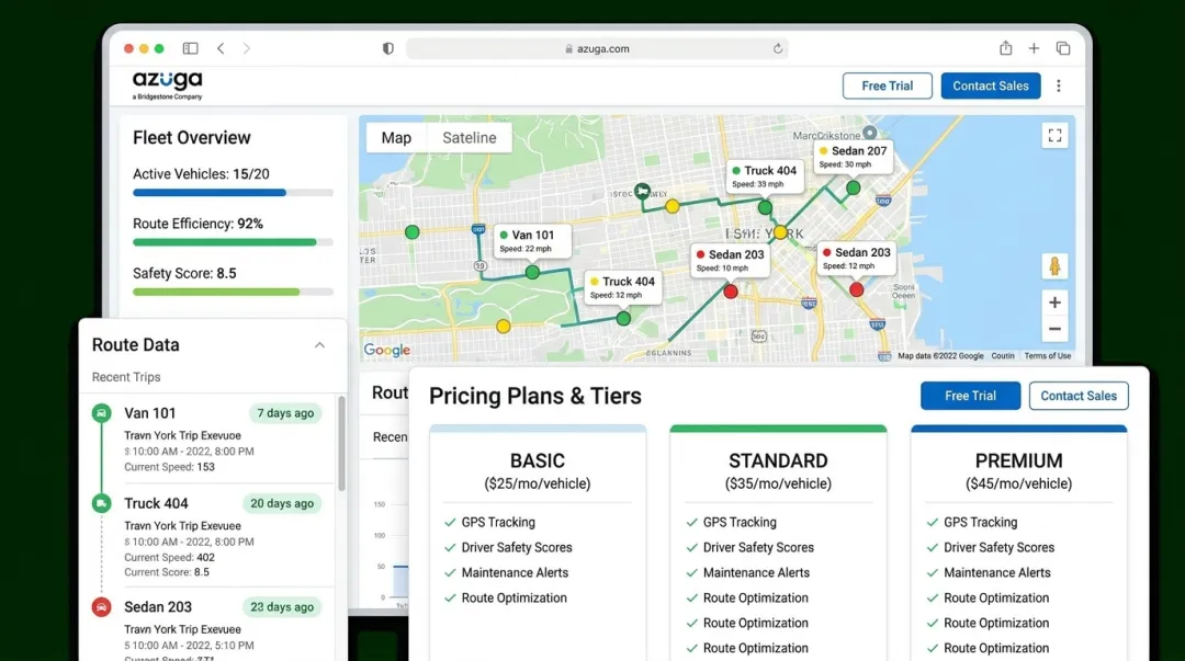 Azuga GPS fleet tracking dashboard interface showing vehicle location 
