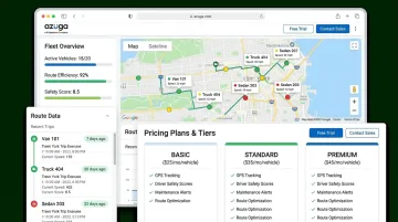 Azuga GPS fleet tracking dashboard interface showing vehicle location and pricing plans