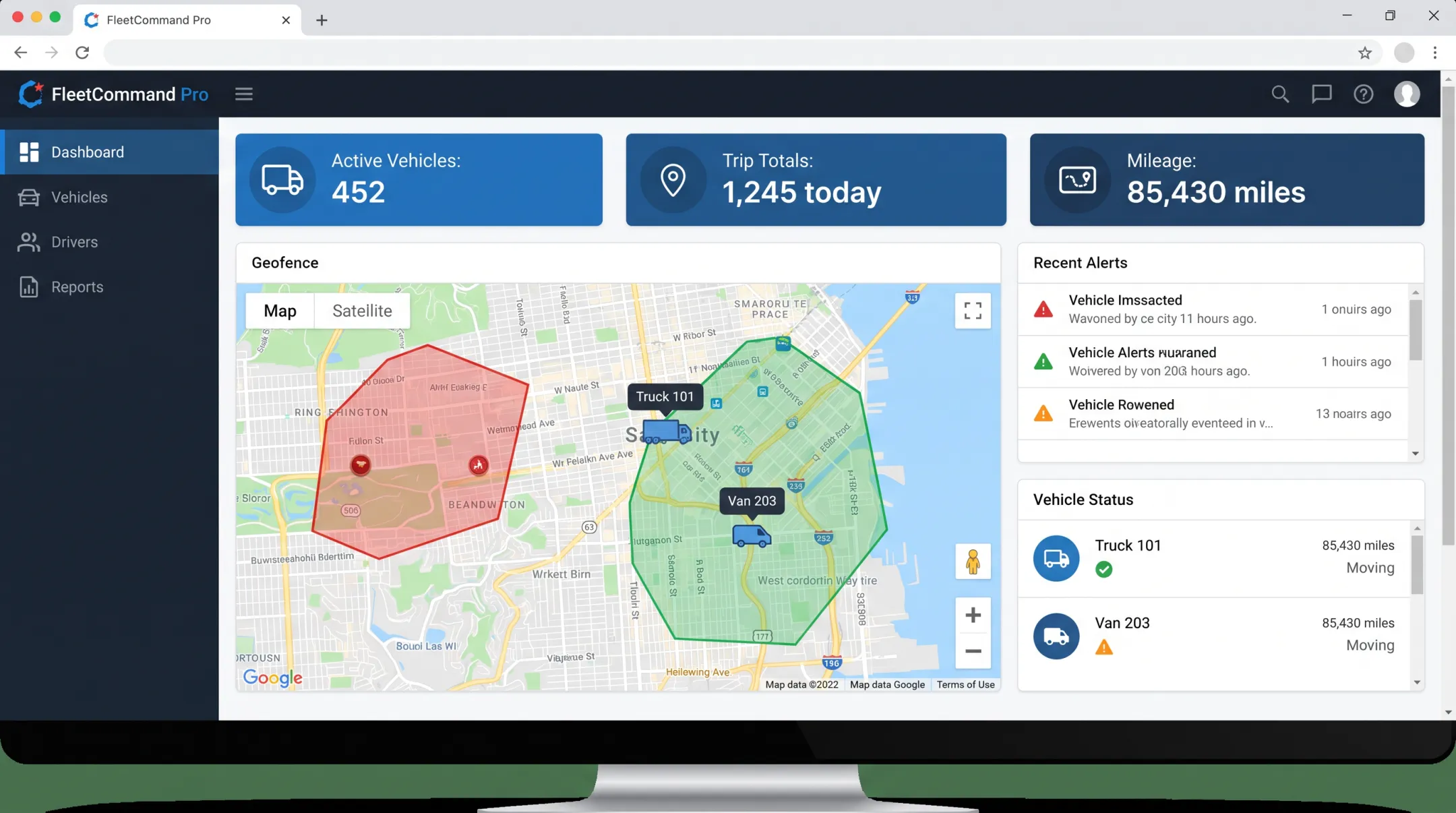 Fleet dashboard interface showing KPI tiles and live vehicle map