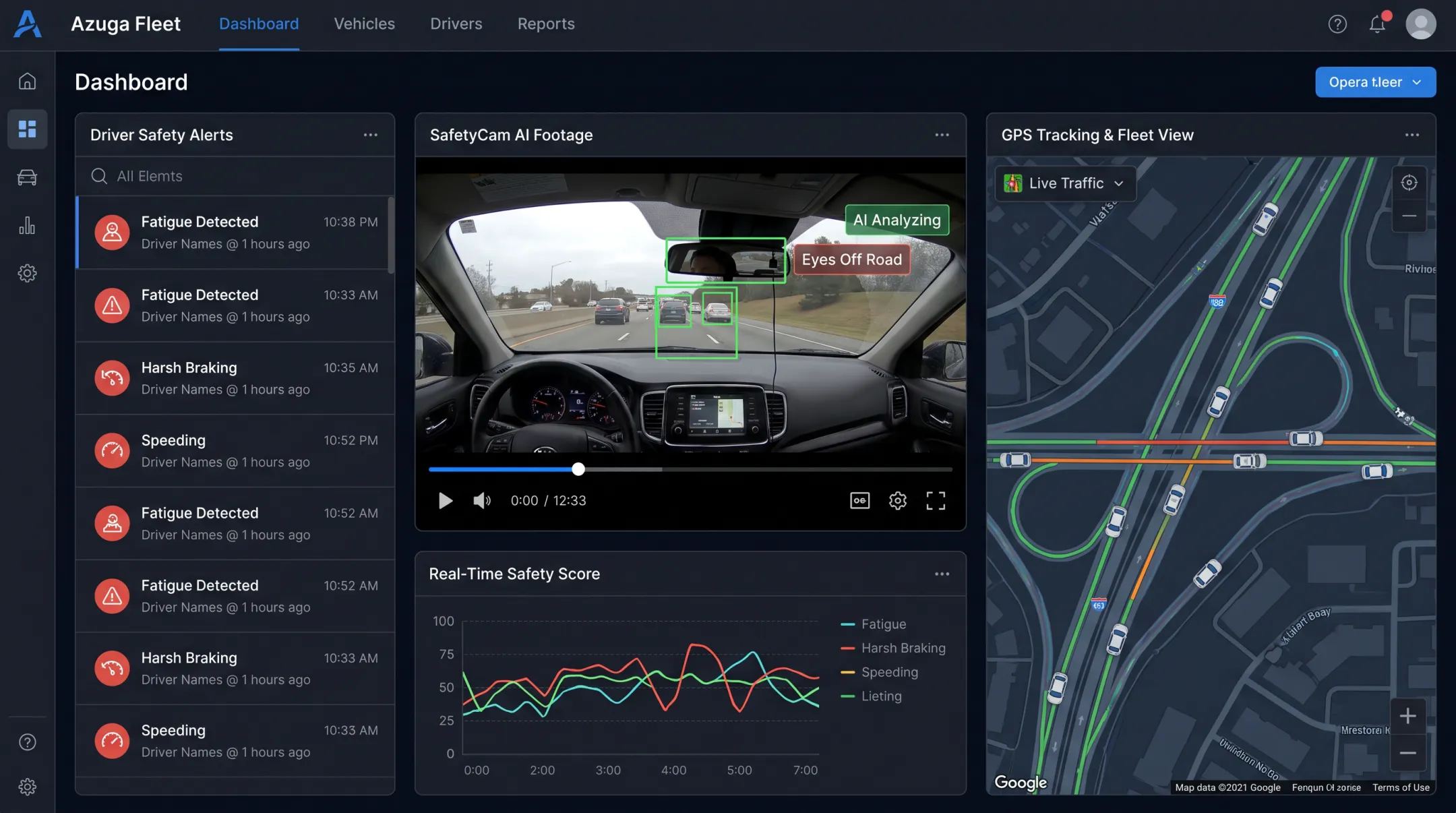 Azuga fleet dashboard showing driver monitoring and fatigue alert features