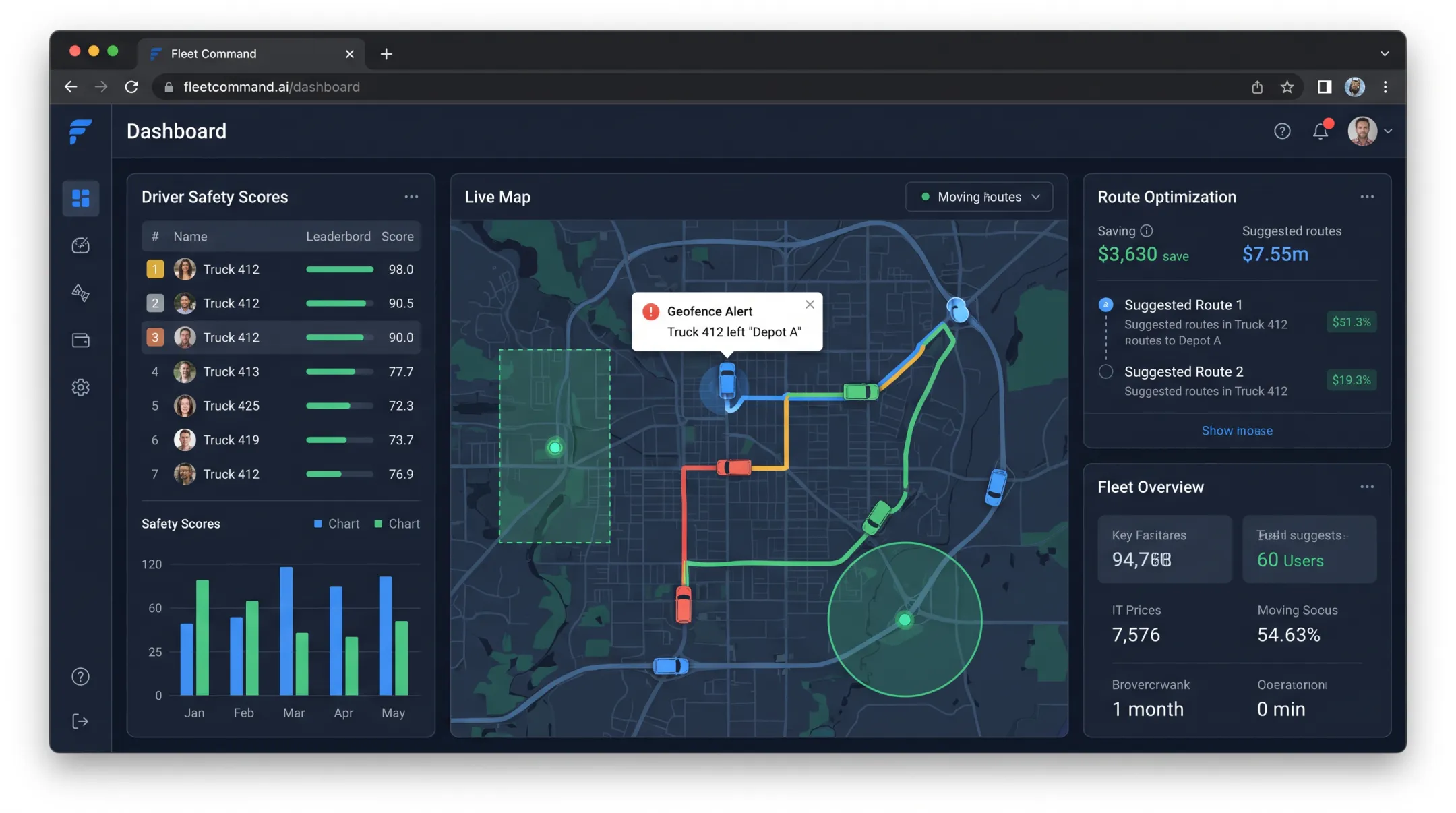 Azuga fleet dashboard showing geofencing alerts and driver safety scores