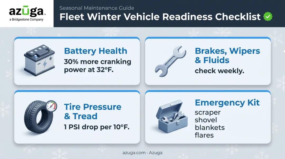 Winter vehicle pre-trip safety checklist covering battery tires brakes and emergency kit