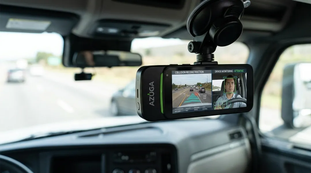 Azuga SafetyCam AI dual-facing dashcam capturing road and driver footage