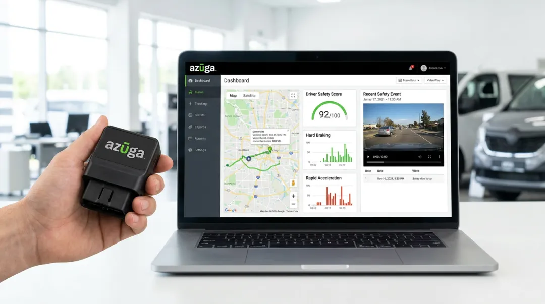 Azuga SafetyCam OBD-II device and fleet dashboard interface