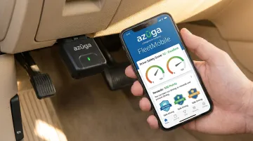 Azuga plug-and-play OBD-II device and FleetMobile driver rewards app interface