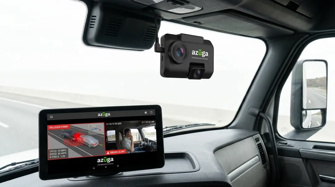 Azuga SafetyCam AI dual-facing dashcam capturing collision reconstruction footage