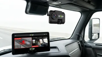 Azuga SafetyCam AI dual-facing dashcam capturing collision reconstruction footage