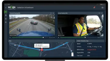 Azuga SafetyCam AI dashboard displaying dual-facing video and GPS telemetry data