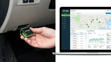 Azuga OBD-II device installation alongside fleet management dashboard interface