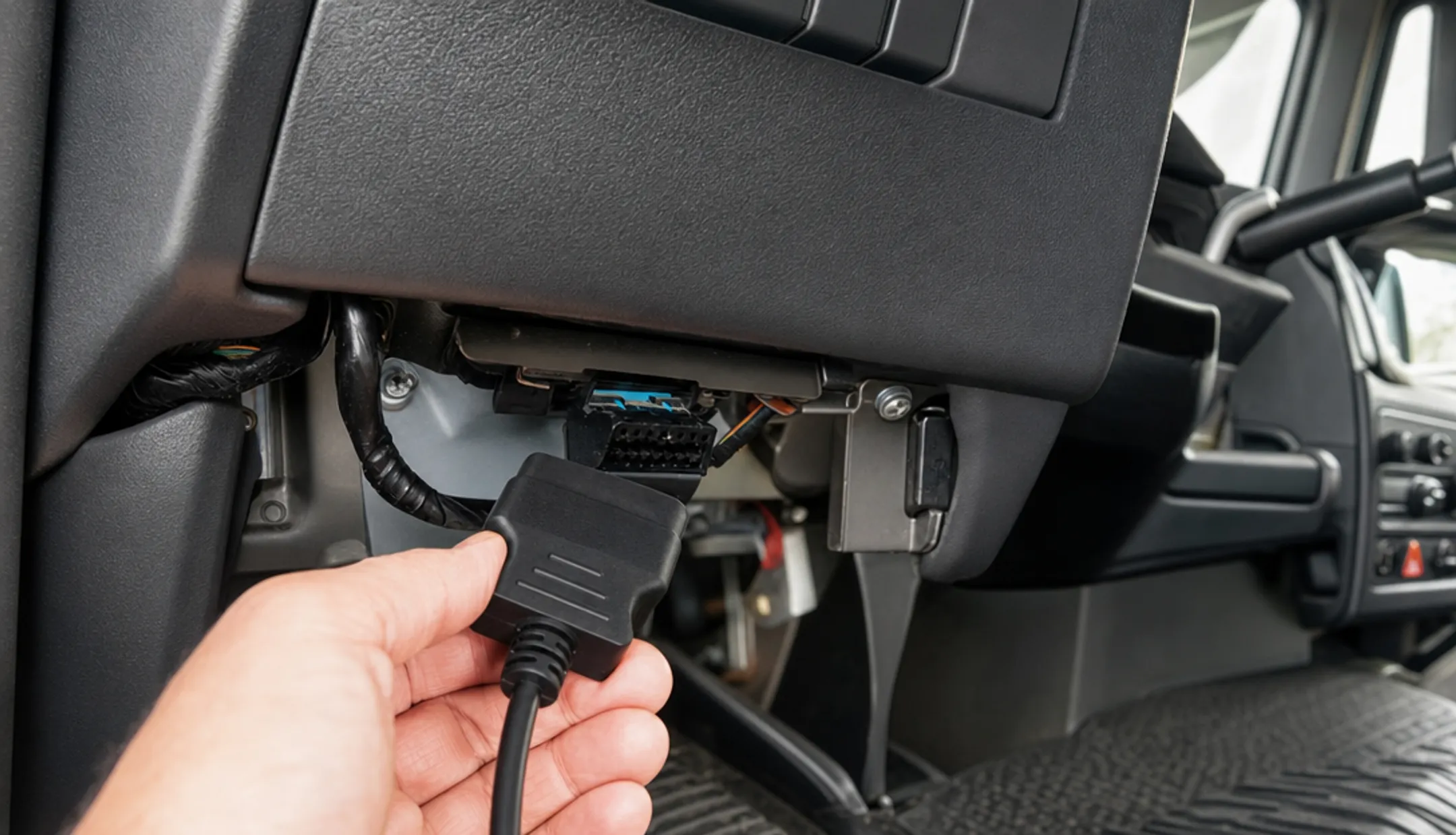 OBD-II diagnostic device plugged into vehicle dashboard port