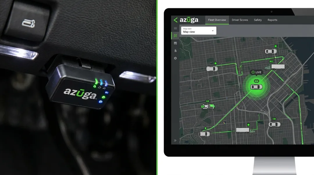 Azuga asset tracker hardware with live fleet dashboard interface