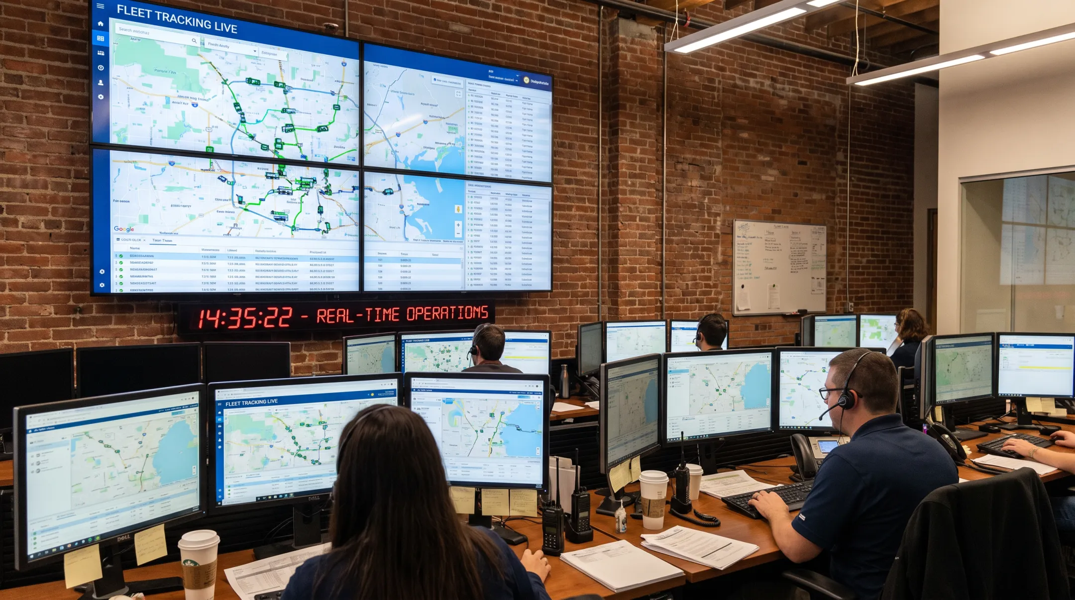 Fleet dispatch dashboard displayed on office TV screens for real-time monitoring