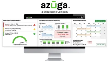 Azuga fleet telematics dashboard displaying vehicle diagnostics and maintenance alerts