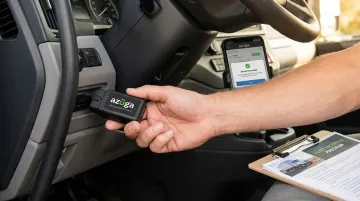 Azuga OBD-II telematics device plugged into vehicle diagnostic port