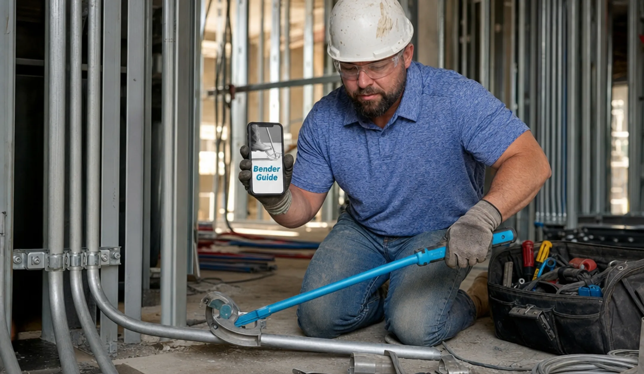 Electrician using conduit bending tool and calculator on job site