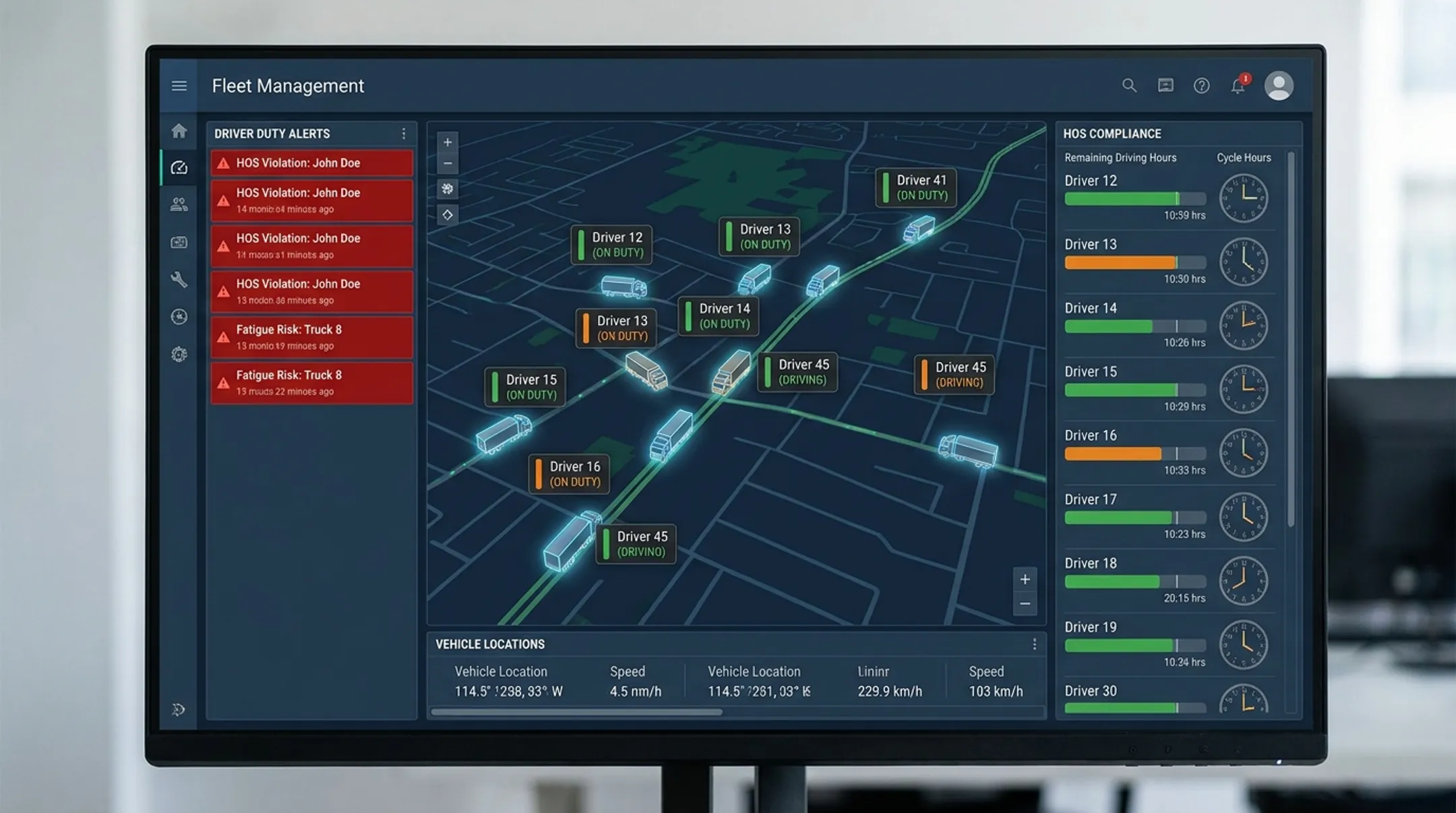 Fleet dispatcher monitoring real-time HOS alerts on telematics dashboard