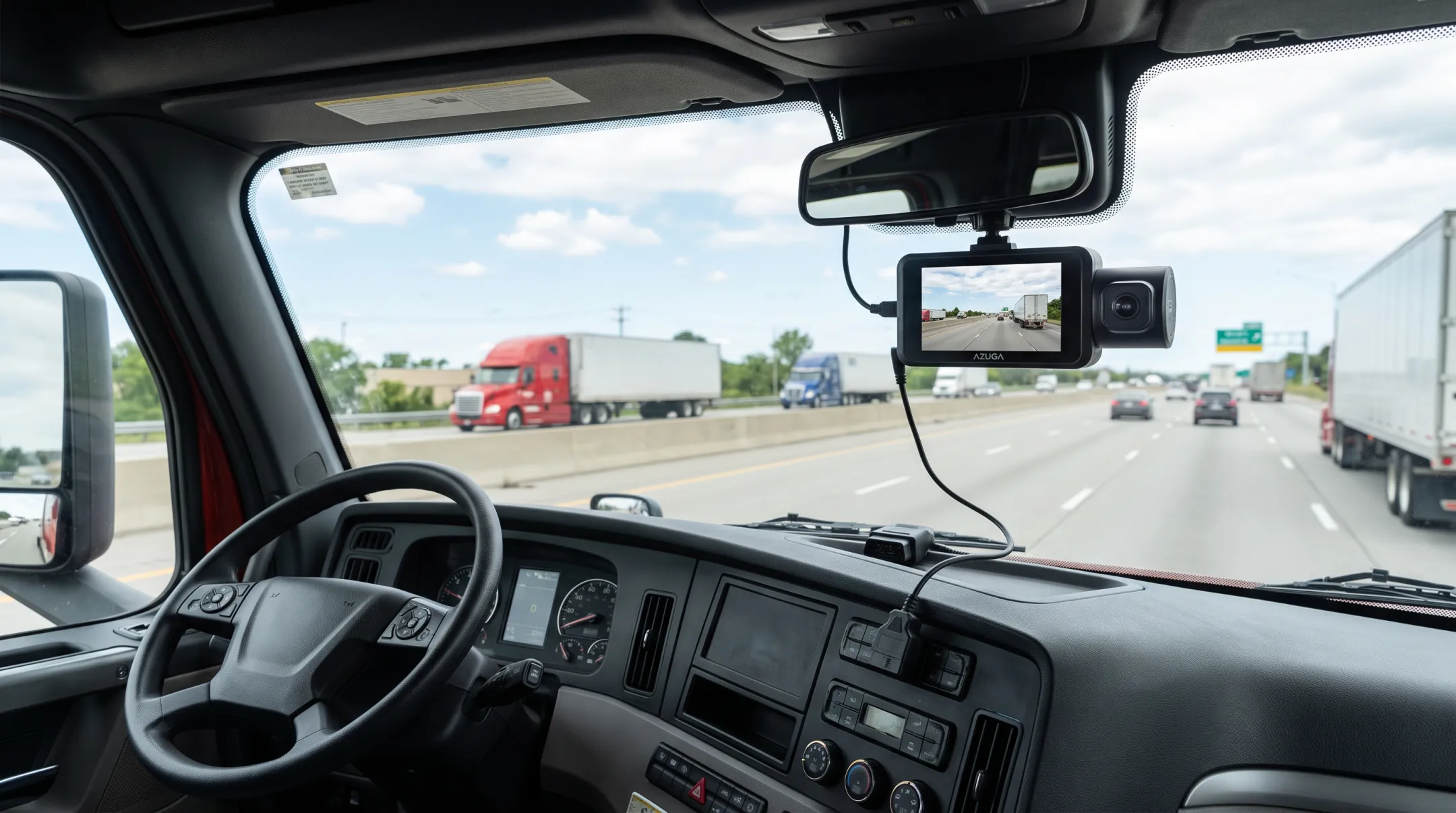 Azuga dashcam dual-facing camera installed on fleet vehicle dashboard