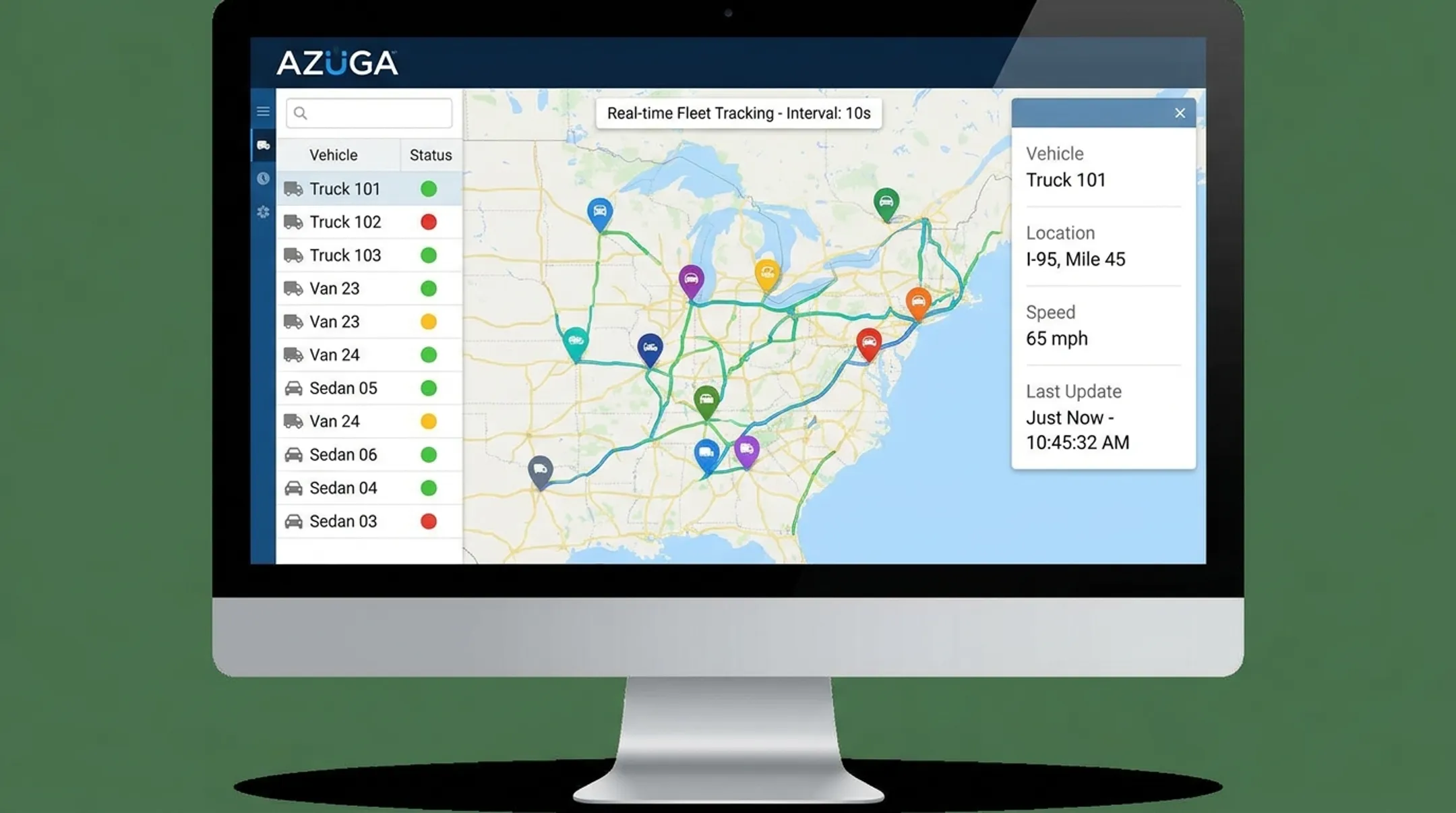 GPS fleet tracking dashboard showing real-time vehicle locations map