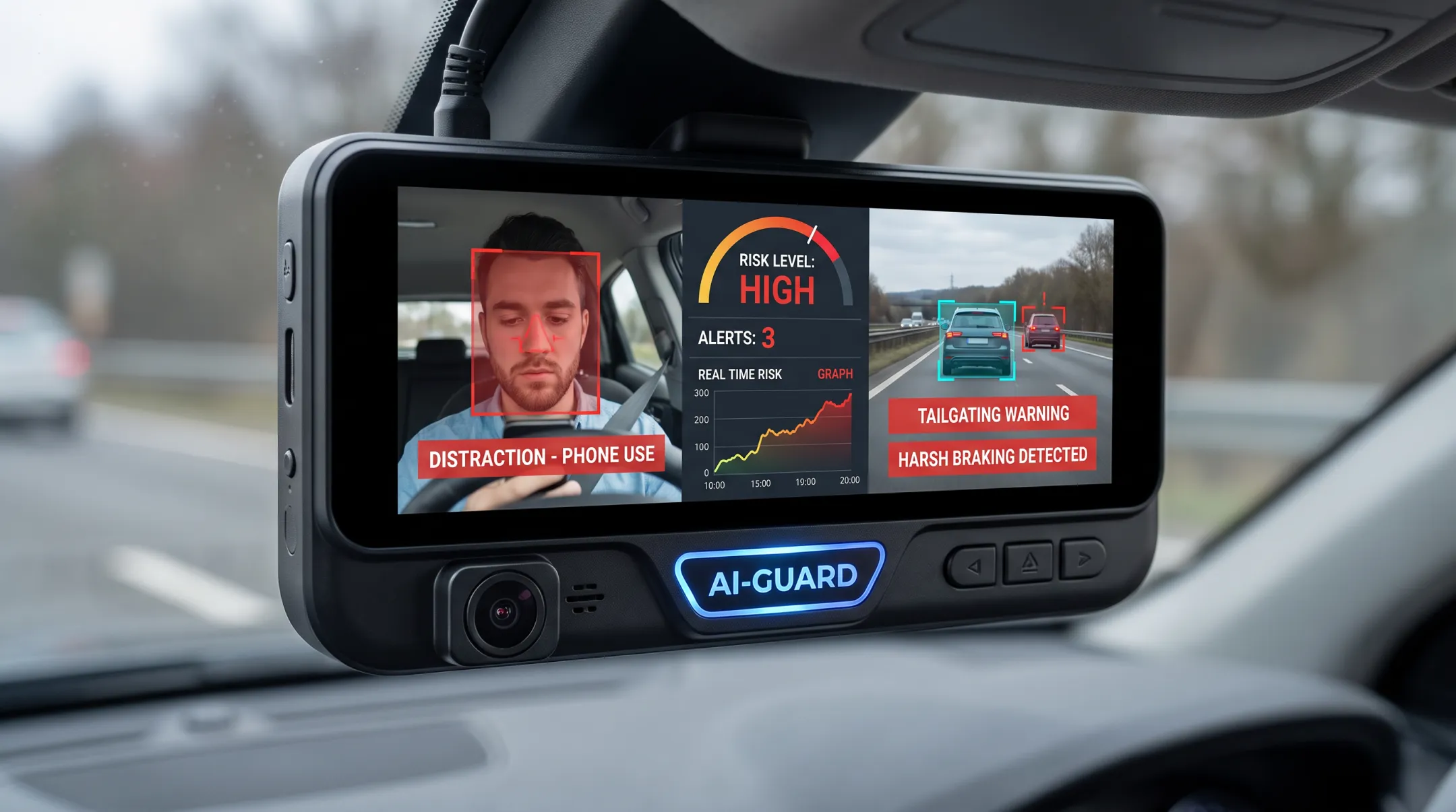 AI dashcam interface detecting driver distraction and unsafe behavior alerts