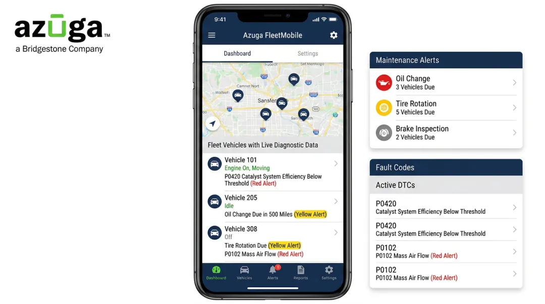 Azuga FleetMobile dashboard displaying vehicle diagnostic alerts and codes