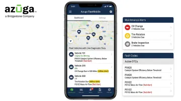 Azuga FleetMobile dashboard displaying vehicle diagnostic alerts and codes