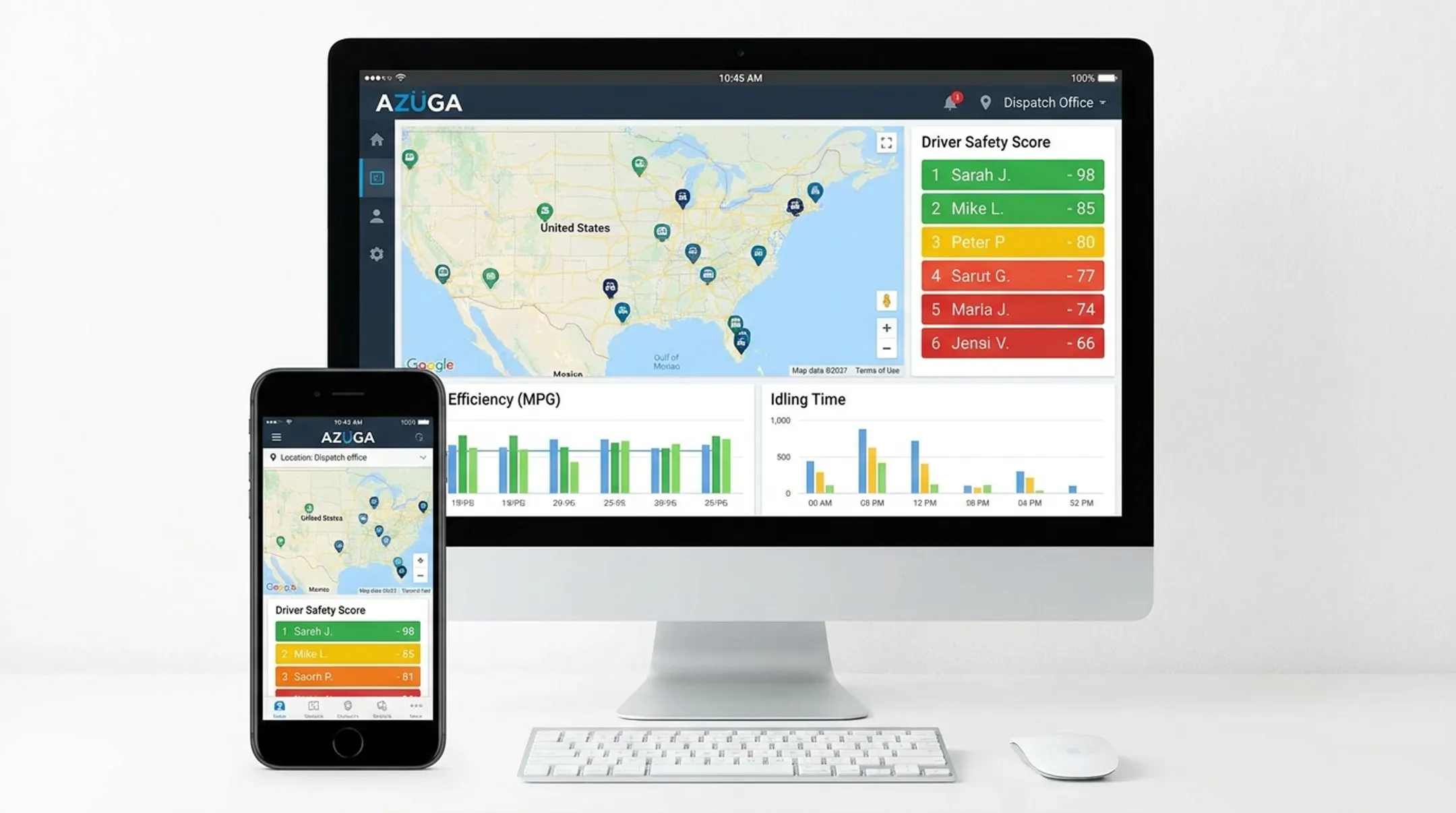Azuga fleet dashboard displaying vehicle tracking and driver safety metrics