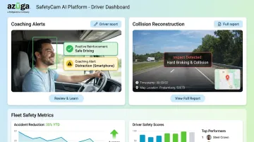 Azuga SafetyCam AI dashboard showing driver coaching and collision reconstruction data